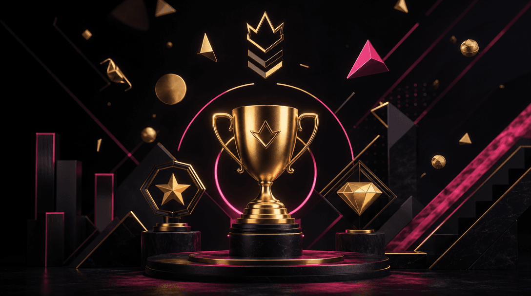 Abstract illustration of game mechanics: trophy shapes, achievement symbols, geometric prize elements. Dark background n
