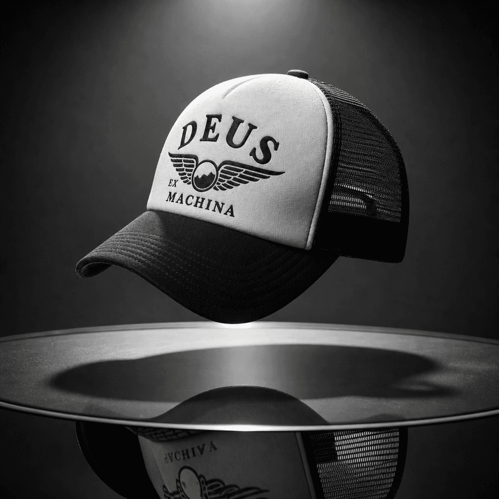 Vintage mesh trucker snapback cap suspended above a reflective dark glass surface, dramatic overhead spotlight casting a