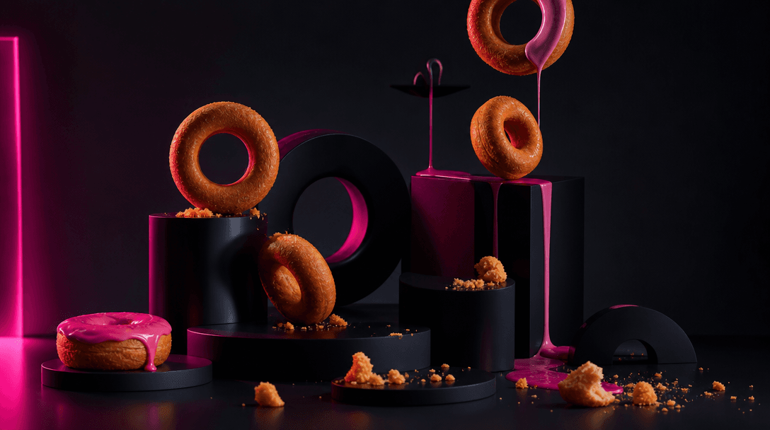 A deconstructed commercial set made from sculptural donut rings, icing ribbons, crumbs, and polished black platforms arr