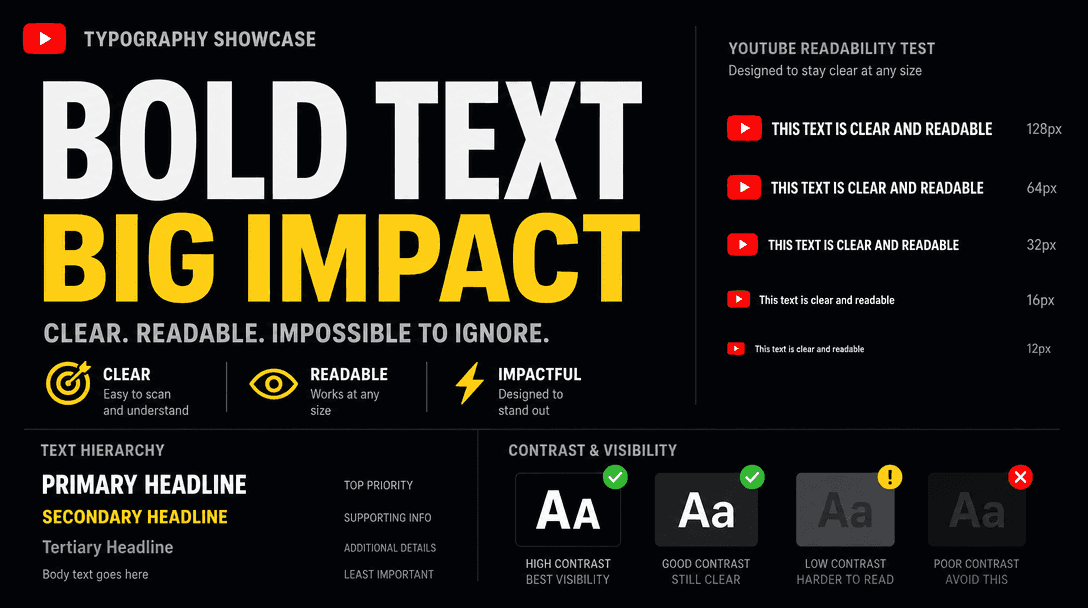 Typography showcase: Bold, clean sans-serif text at multiple sizes and placements, demonstrating YouTube readability at 