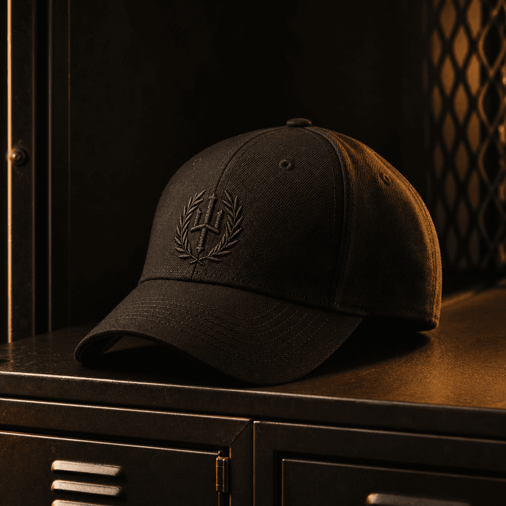 A luxury streetwear cap with clean tonal embroidery resting on a dark metal locker shelf, warm amber rim light catching 