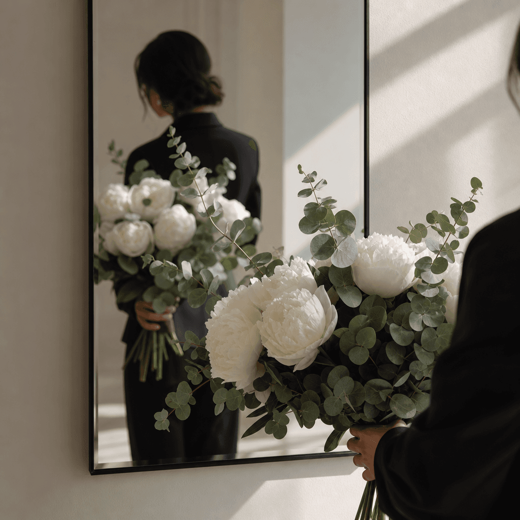 A loose bouquet of white peonies and eucalyptus reflected in a minimalist hallway mirror, anonymous figure in a tailored