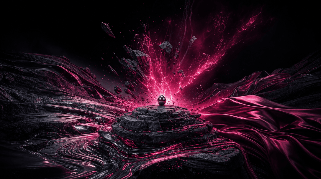 A small polished object triggering a vast transformation across layered stone, liquid metal, and fabric-like terrain, ci