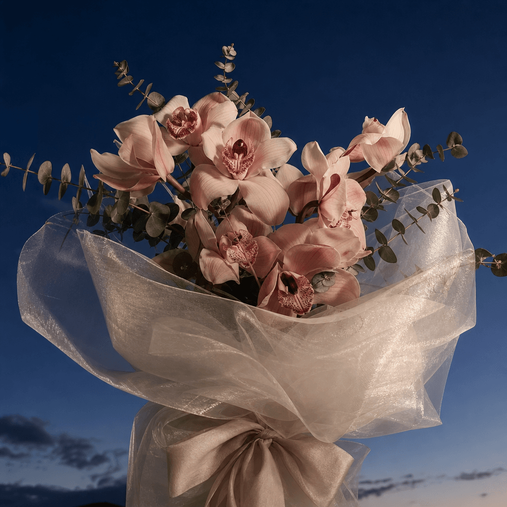 A minimalist bouquet of blush orchids and eucalyptus wrapped in translucent ivory fabric, photographed from below agains