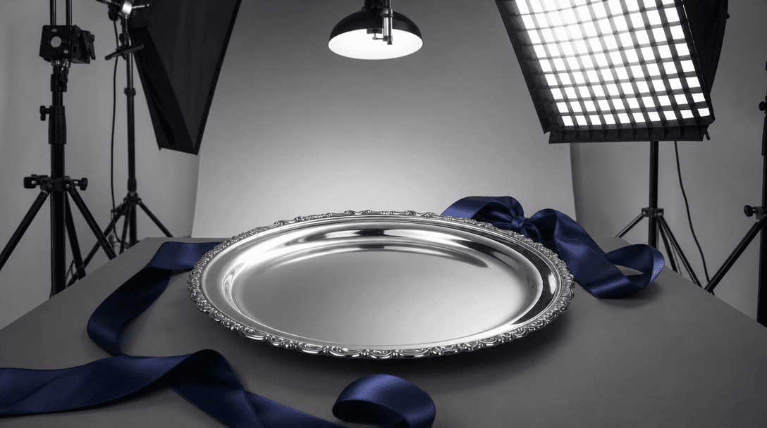 Silver platter studio photography setup with lighting rigs, showing material properties and finish, elegant ribbon arran