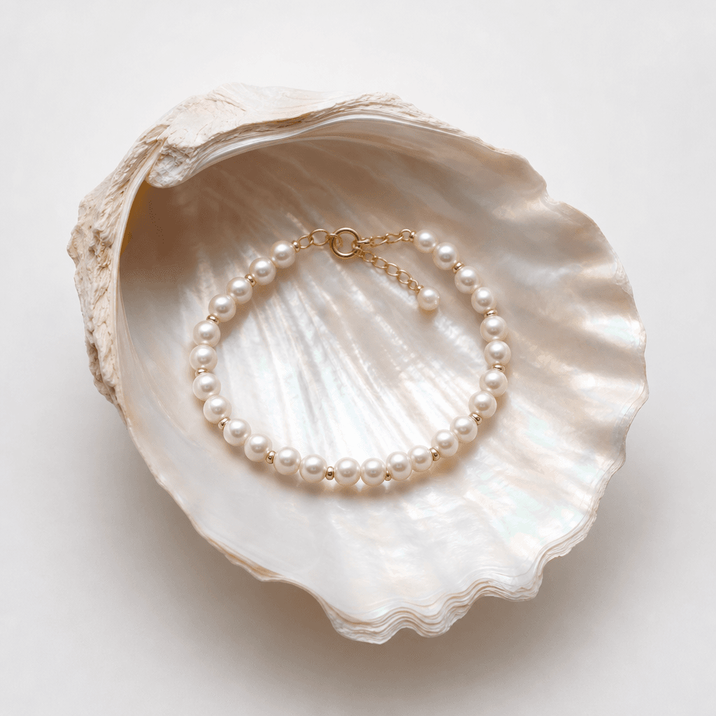 Delicate pearl bracelet inside an iridescent mother-of-pearl shell. Soft diffused lighting, minimalist white background,