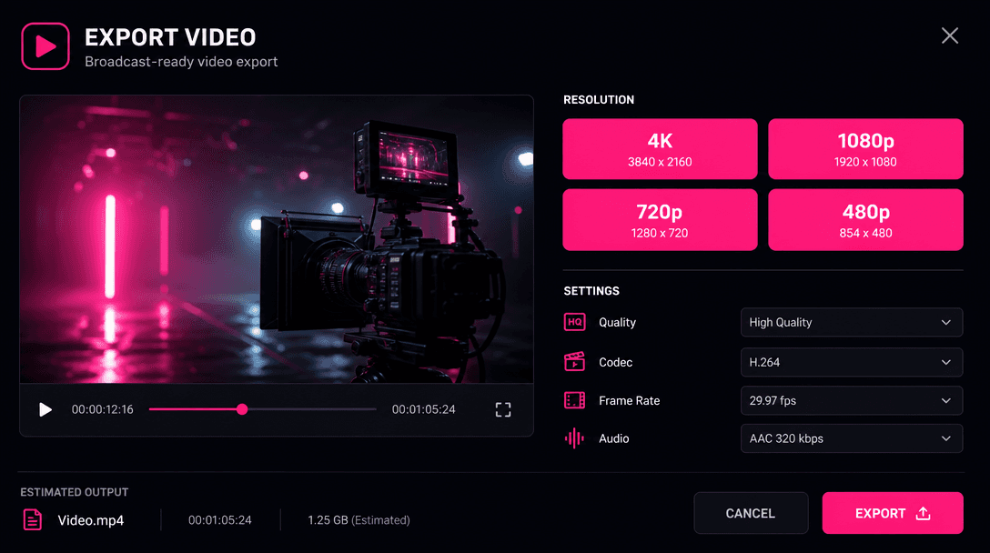 Broadcast-ready video export concept with dark background near #0A0A0F. Hot pink #FE28A7 buttons labeled with resolution