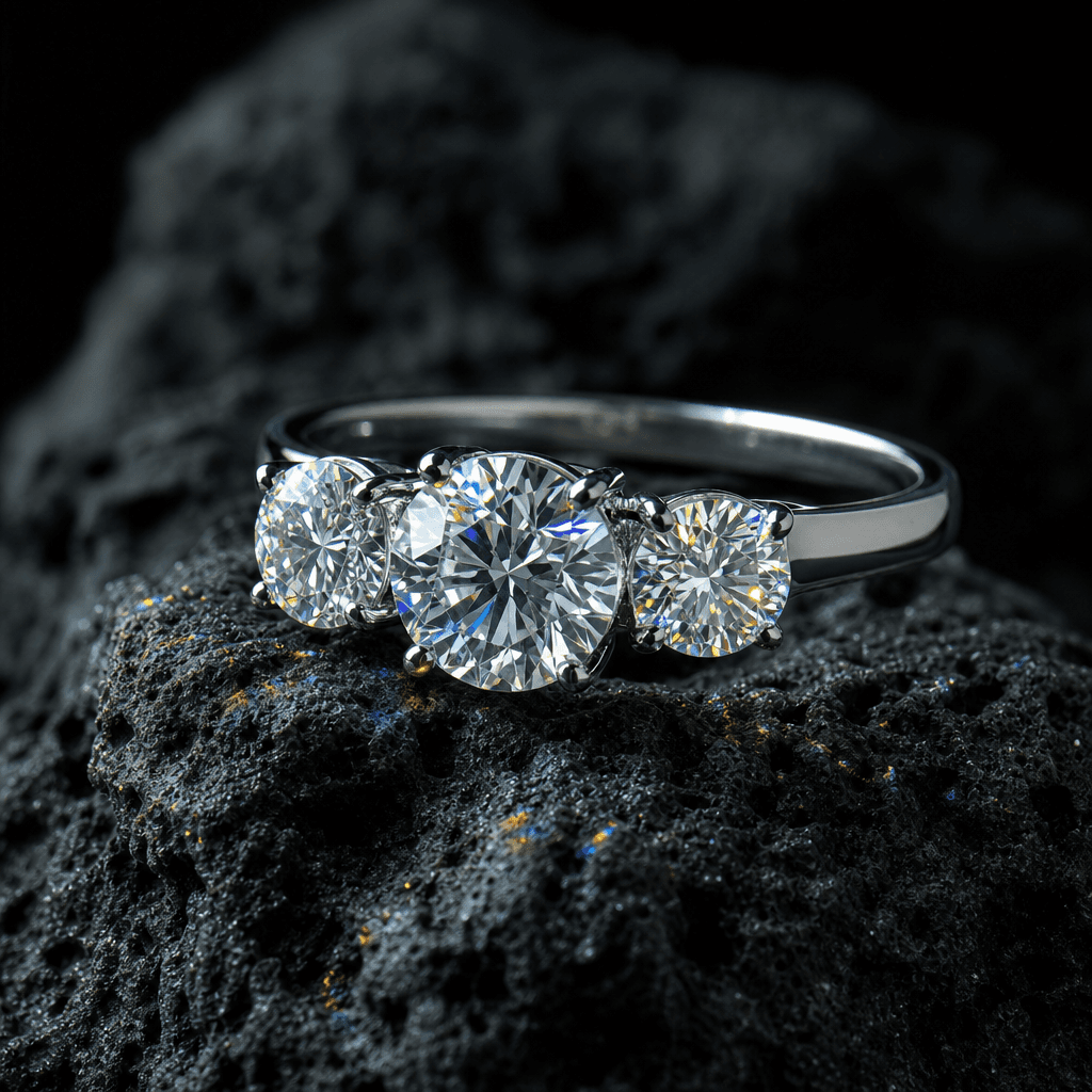 Platinum three-stone diamond ring on dark volcanic stone surface, cool directional side lighting creating prismatic disp