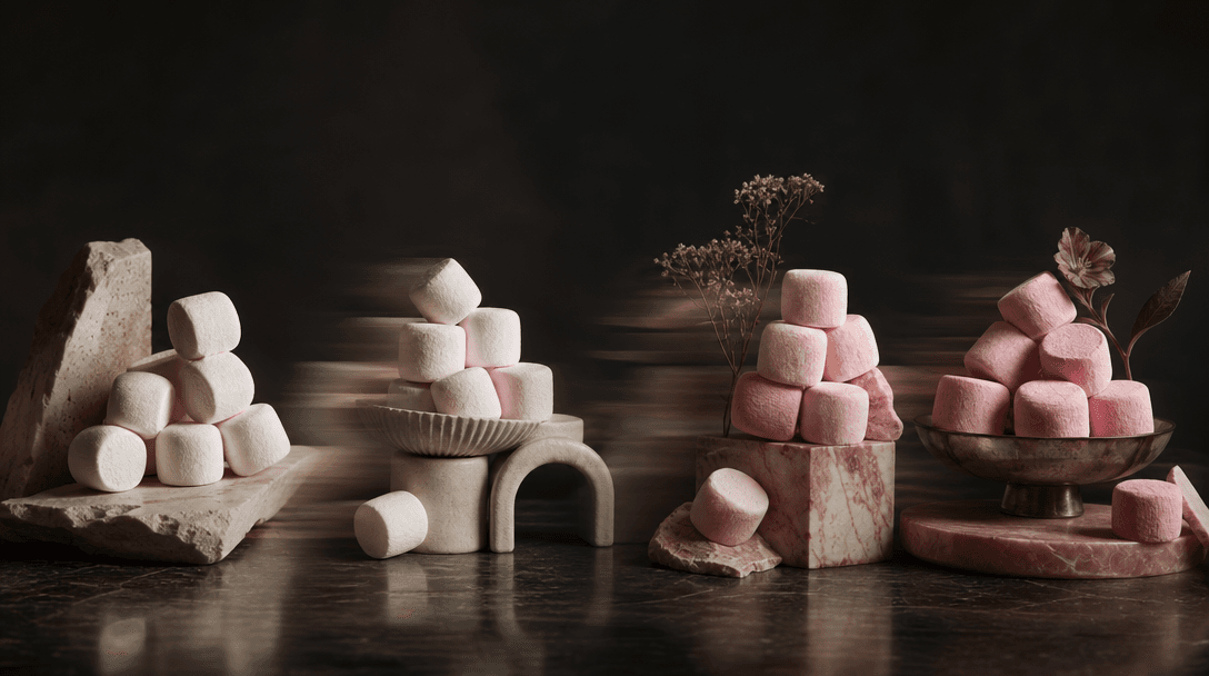 Four distinct marshmallow still-life arrangements transitioning across one wide cinematic scene, shifting from ivory to 