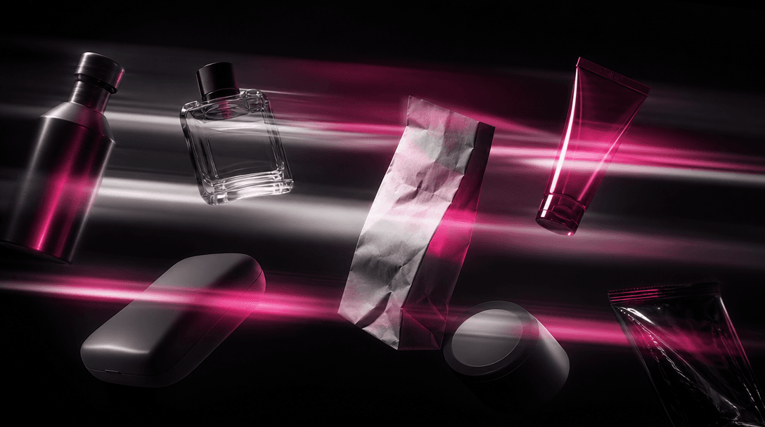 Several distinct product silhouettes passing through layered bands of cinematic light, each surface responding different