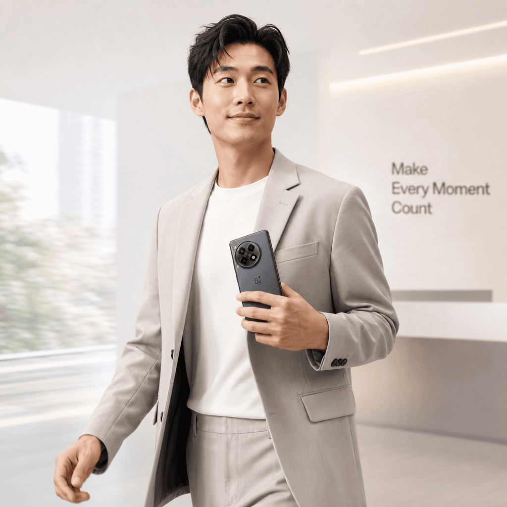 A confident person holding a tech gadget or phone while walking through a bright minimal interior space. Soft profession