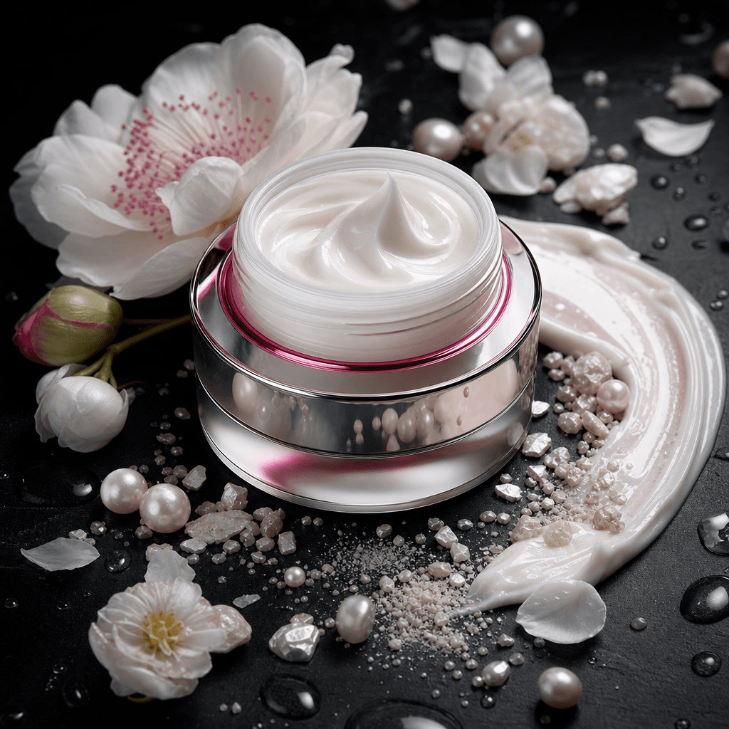 Luxury face cream jar surrounded by sculpted swirls of cream, crushed pearl minerals, white flowers, and clear water dro