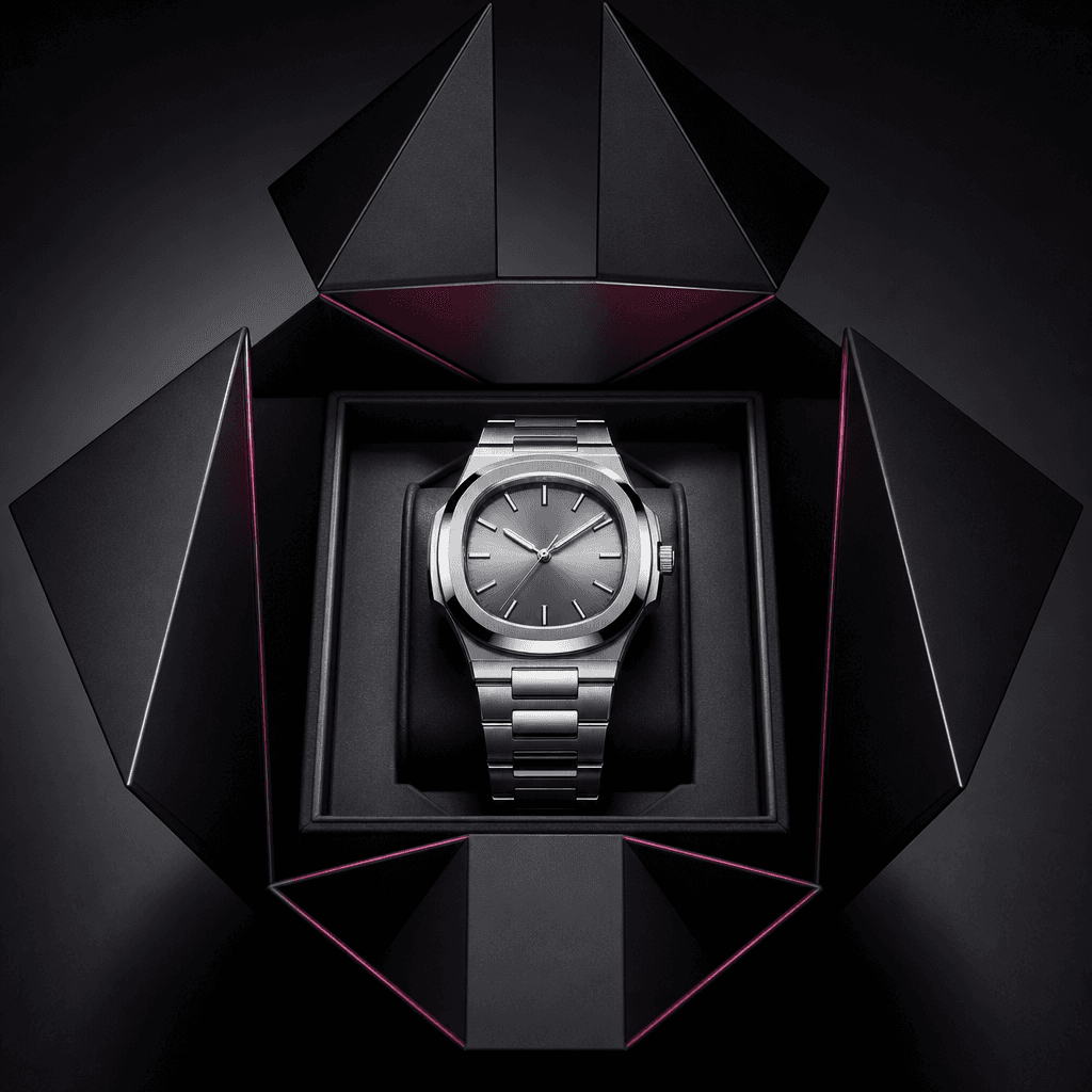A polished silver wristwatch revealed inside a geometric dark presentation box, with folded panels framing the product l