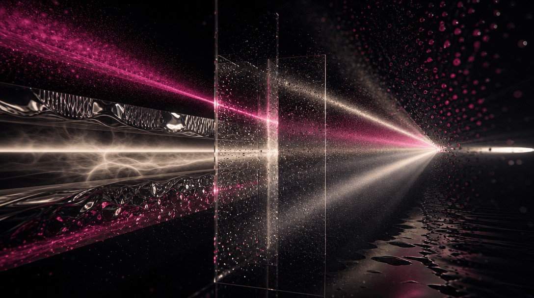 Multiple beams of cinematic light converging through layered glass, metallic film, liquid droplets, and fine atmospheric