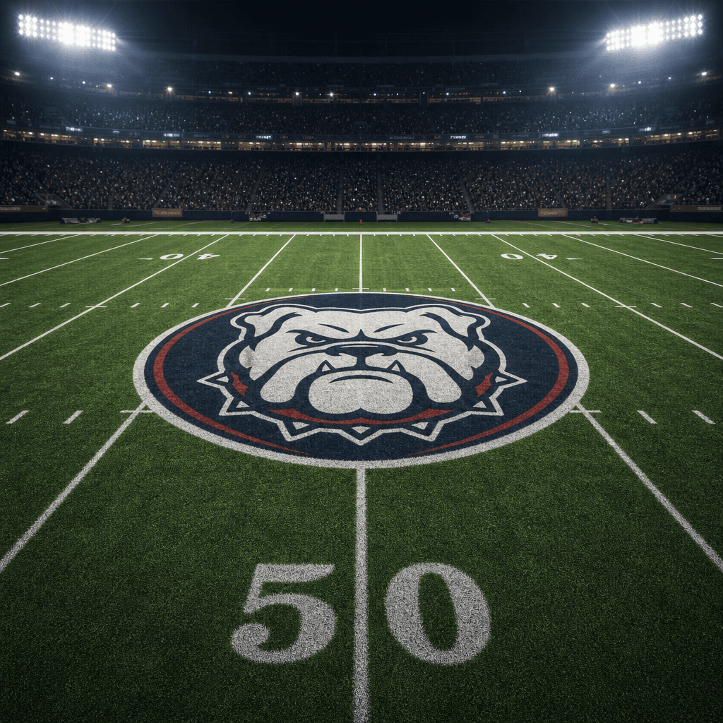A team logo positioned at the exact center of a football field with stadium lighting. Grass texture detail visible, prof