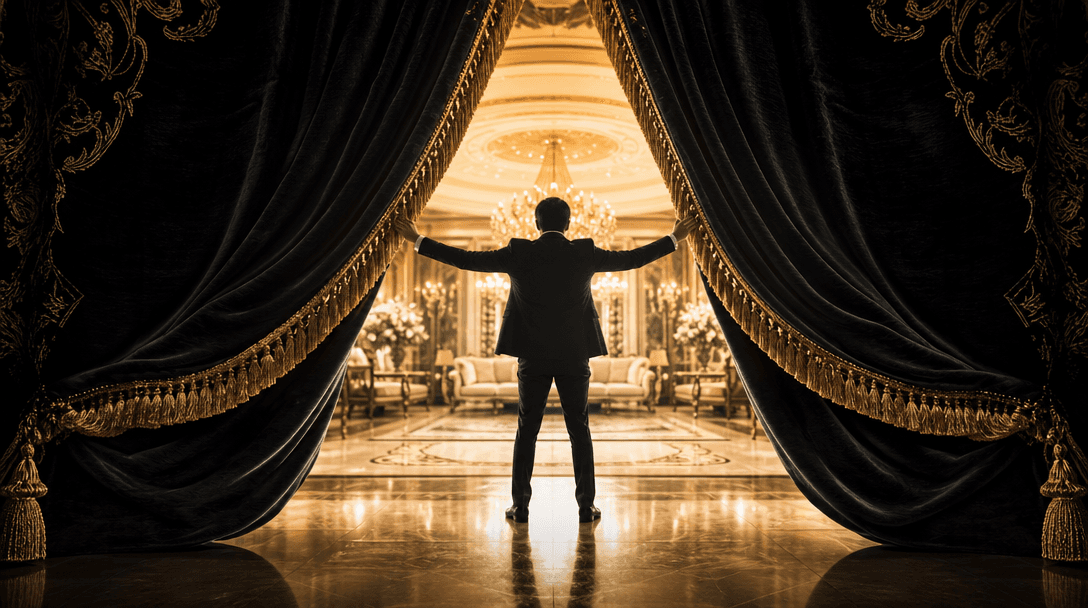 Cinematic moment of heavy luxury curtains mid-drop revealing a stunning transformed interior space beyond, dramatic silh