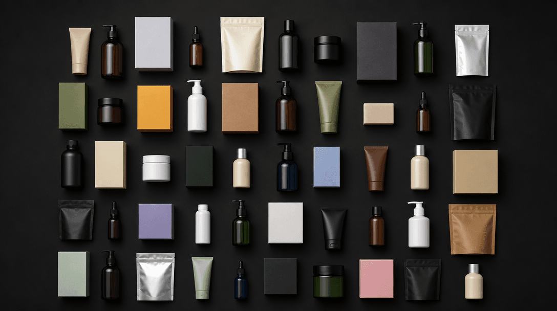 Overhead flat-lay of many small product packages — bottles, boxes, pouches — arranged in a precise geometric grid on a m