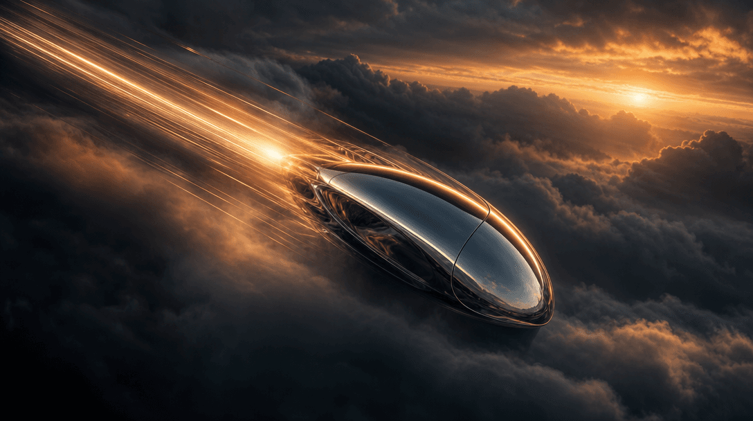 An abstract polished metal product form moving through layered clouds, with long directional light trails communicating 