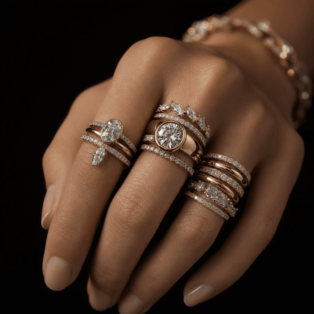 Model's hand with bare elegant fingers wearing stacked gold and pavé diamond rings, deep black background, macro depth-o