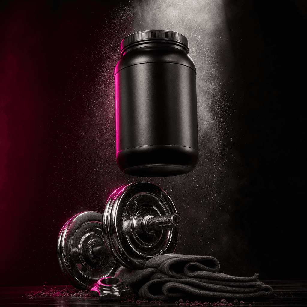 A black protein powder tub resting in an impossible equilibrium above chrome fitness weights and folded charcoal fabric.