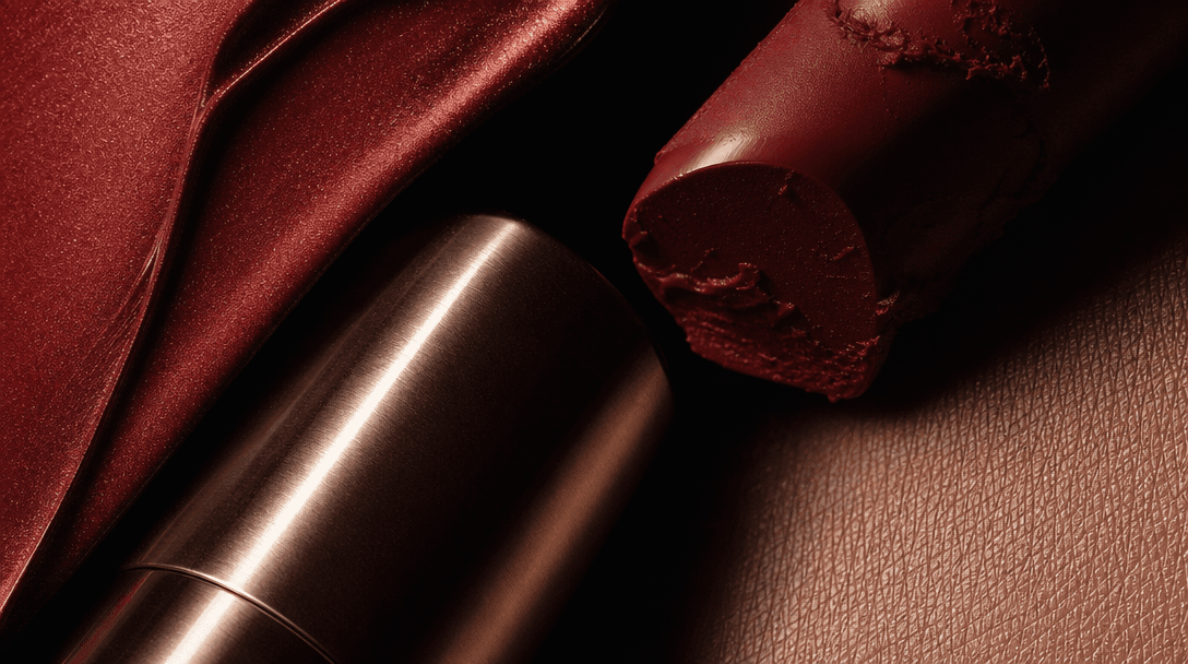 Abstract cinematic macro study of lipstick pigment, brushed metal packaging, glossy cosmetic cream, and fine skin-like t