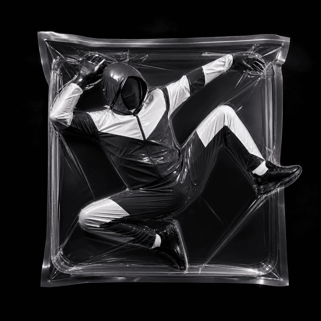 A playful anonymous athlete in a bold monochrome tracksuit sealed inside a transparent square vacuum package, limbs arra