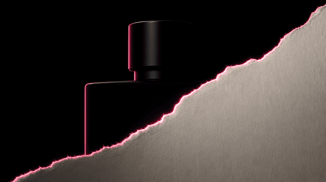 Abstract editorial composition: a product silhouette partially obscured by a torn paper layer. The paper's torn edge is 