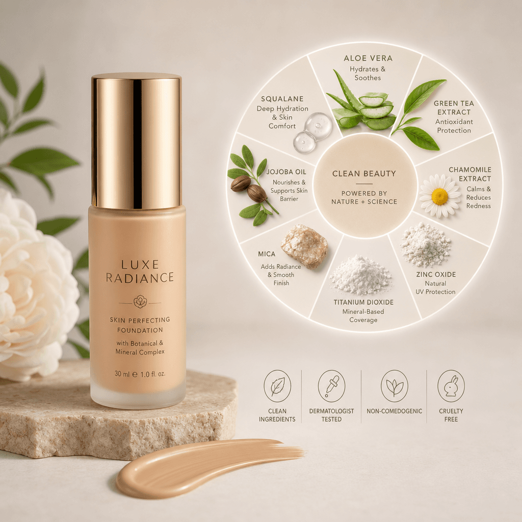 Cosmetic foundation or concealer with a digital ingredient wheel infographic floating nearby, showing botanical and mine