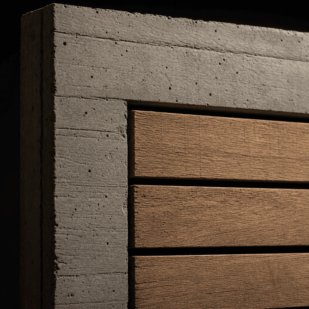 Close-up architectural material study. A section of rough board-formed concrete wall panel with inset horizontal timber 
