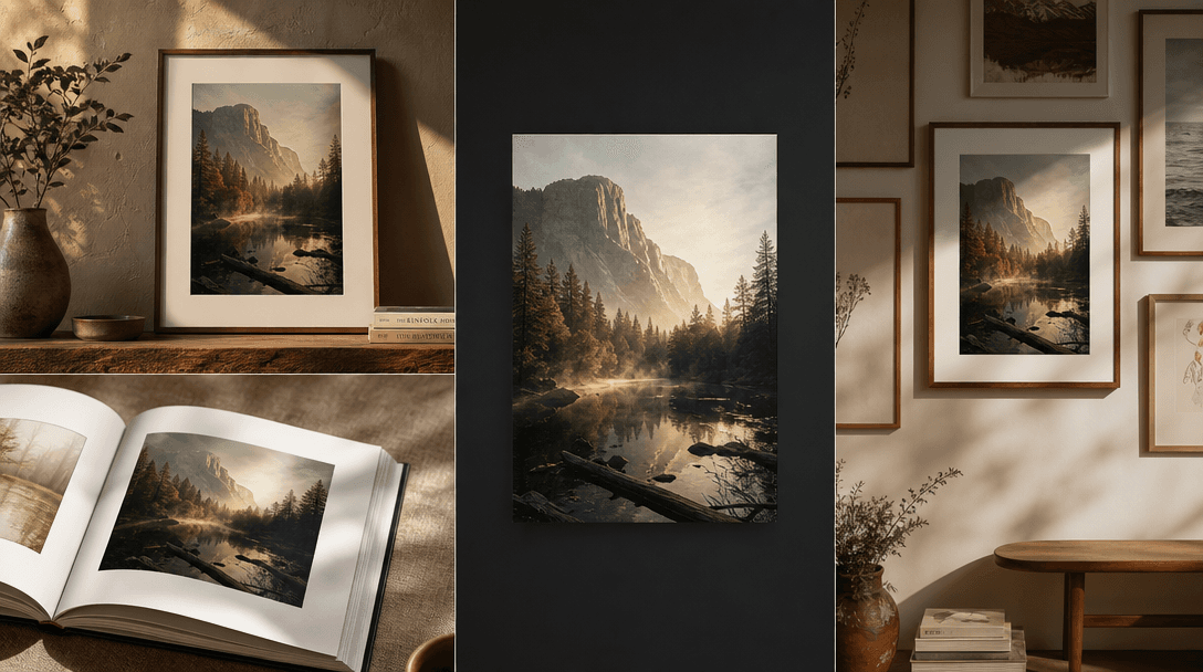 Versatile applications montage aesthetic. Subtle background showing multiple contexts: printed frame on shelf, photo boo