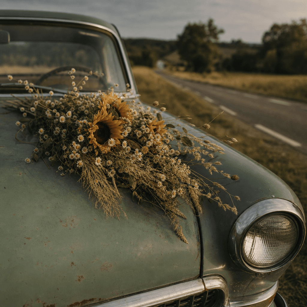 A loose bouquet of sunflowers, chamomile, and golden grasses resting on the hood of a weathered sage-green classic car b