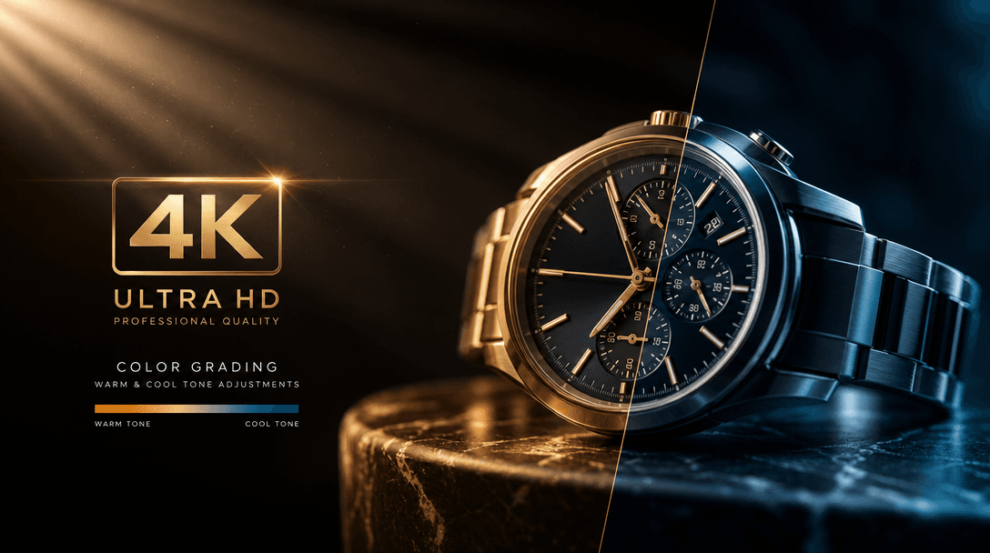 4K resolution indicator with light-ray effects suggesting professional broadcast quality. Color grading visualization sh