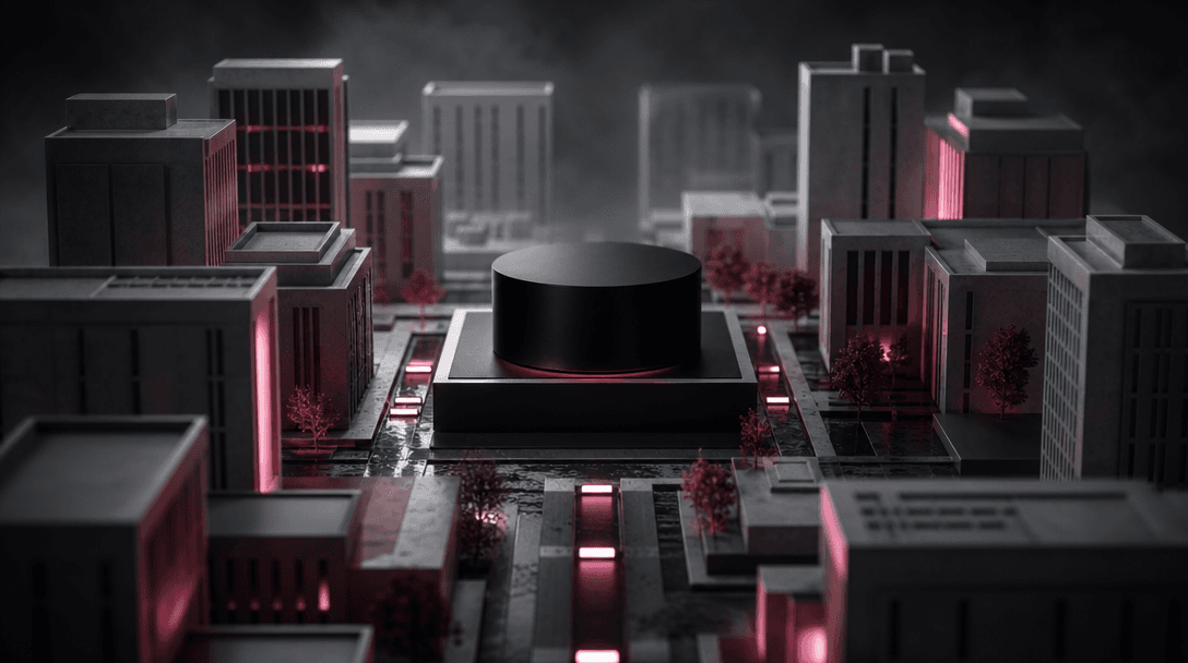 A curated arrangement of miniature city blocks surrounding a central matte-black product pedestal, photographed like an 