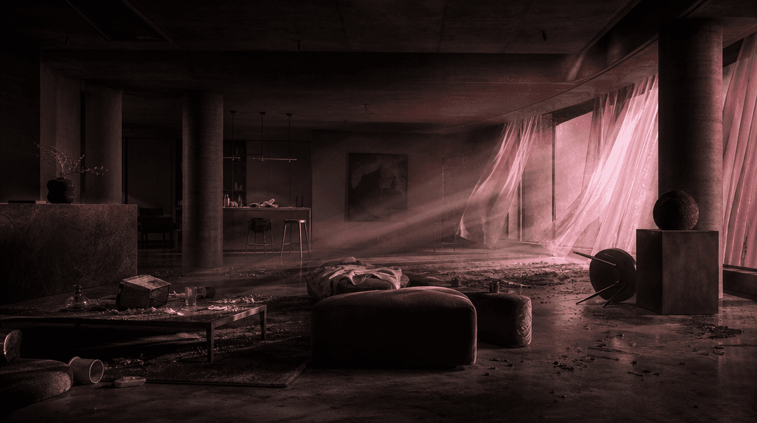 An empty designer apartment set moments after a theatrical practical-effects event, furniture shifted, curtains flowing,
