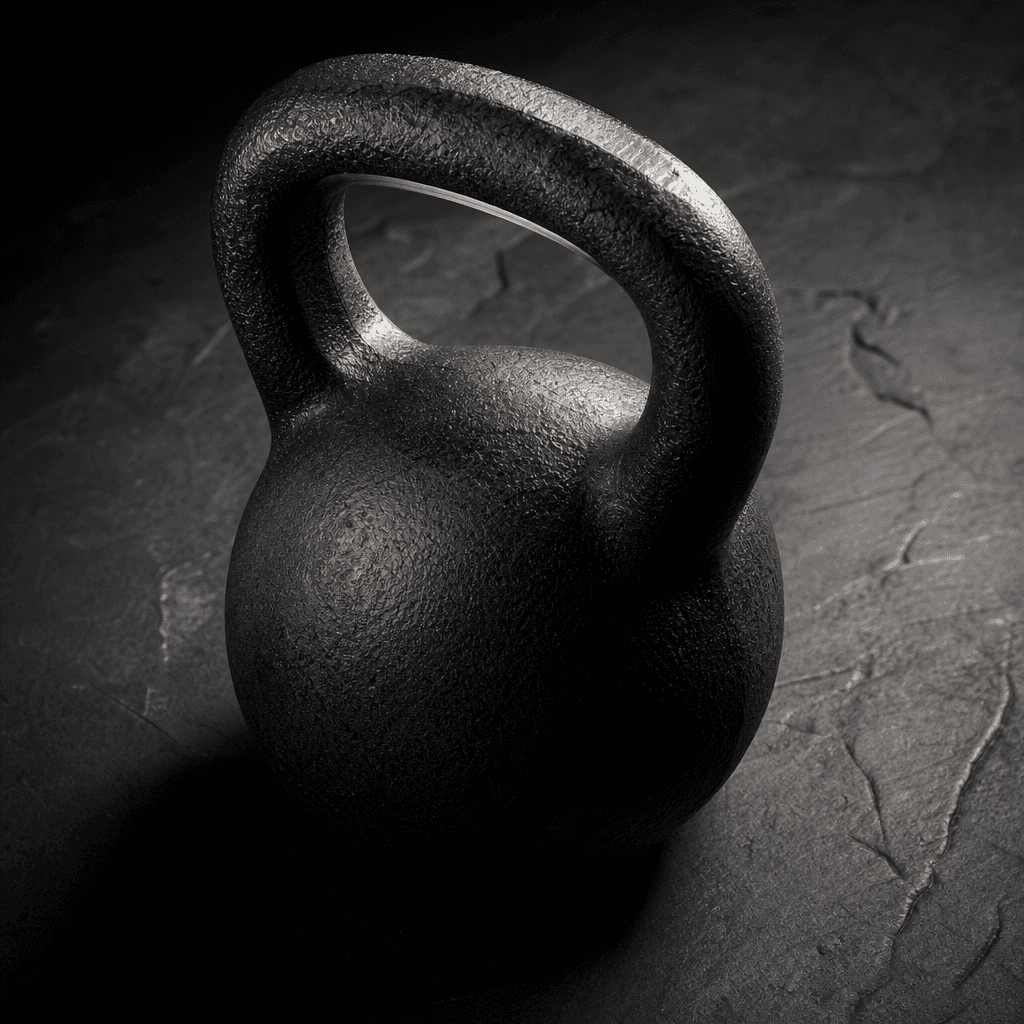 A cast-iron kettlebell photographed from a low diagonal angle on a dark slate surface. Dramatic single-source overhead l