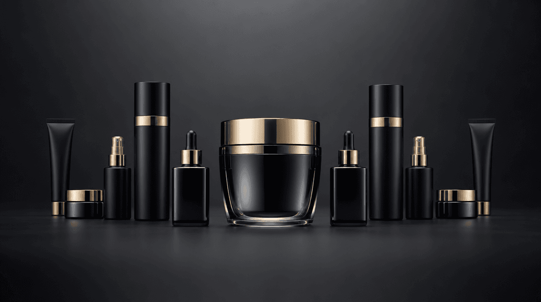 Cinematic wide brand campaign shot: a hero beauty product centered on a seamless deep charcoal gradient surface, flanked