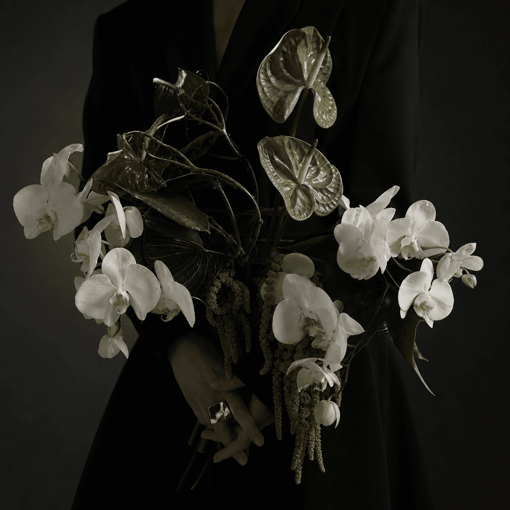 Square avant-garde bouquet portrait showing only the torso and hands of a faceless studio model, sculptural white orchid