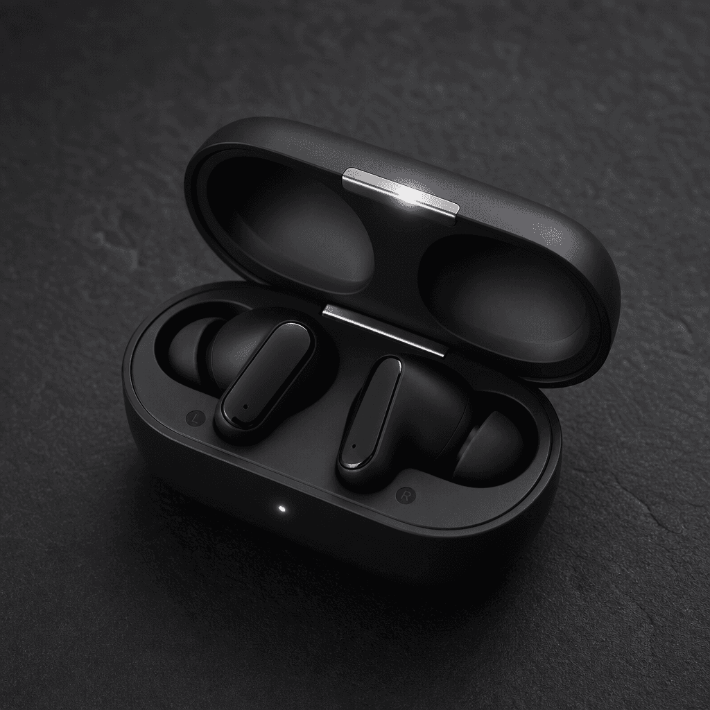 Modern wireless earbuds resting in their open charging case on a dark textured surface, soft diffused studio lighting wi
