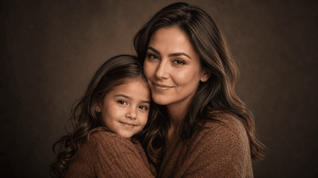 Professional studio portrait lighting setup aesthetic. Soft warm light creating flattering shadows, professional backdro