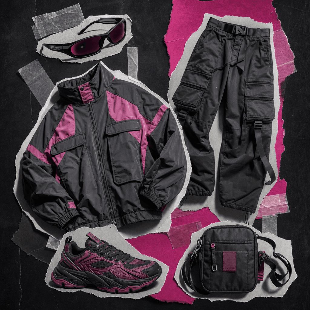 Scrapbook fashion board featuring a vibrant streetwear outfit separated into cutout sneakers, oversized jacket, cargo tr
