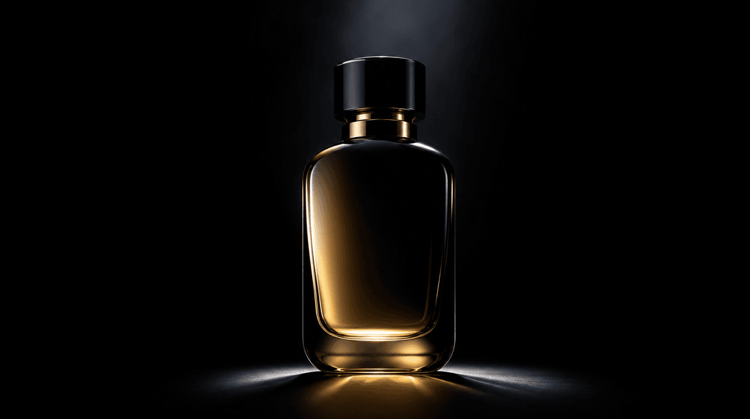 Abstract editorial still representing product transformation: a single glossy minimalist perfume bottle emerging from co