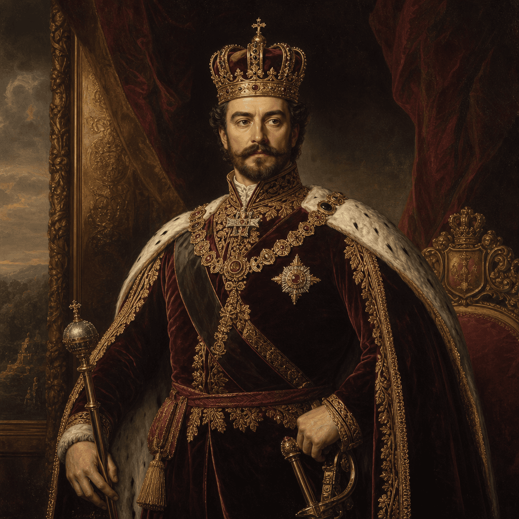 Aristocratic royal figure in formal crowned regalia and ornate formal wear, classical portrait painting style, sophistic