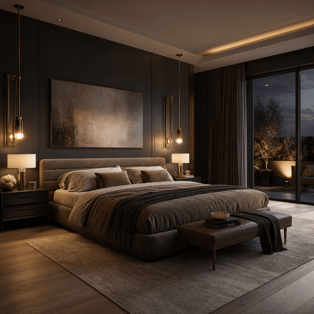 Photorealistic 3D render of a luxury master bedroom interior, dark moody walls with warm brass accent lighting, low cont