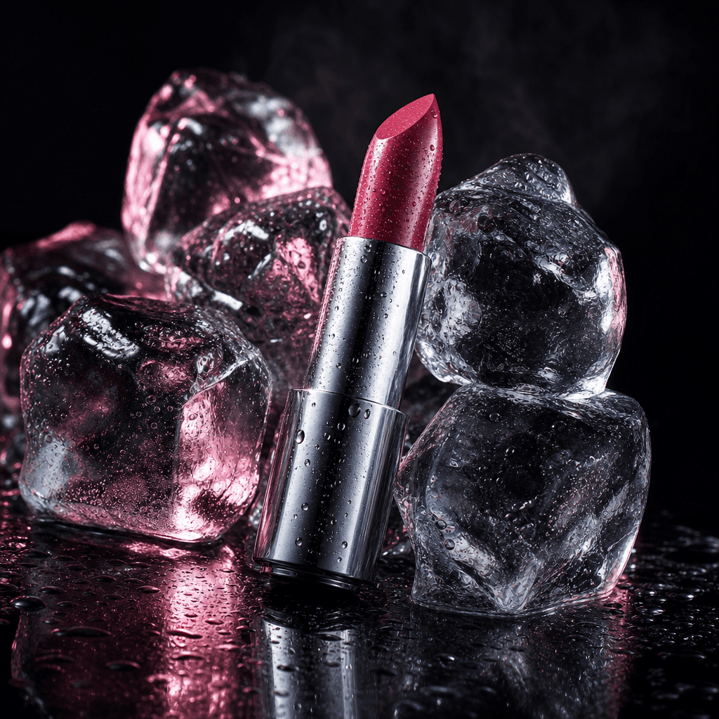 A sleek metallic lipstick tube resting between translucent ice cubes, rich cosmetic color visible at the tip, wet reflec