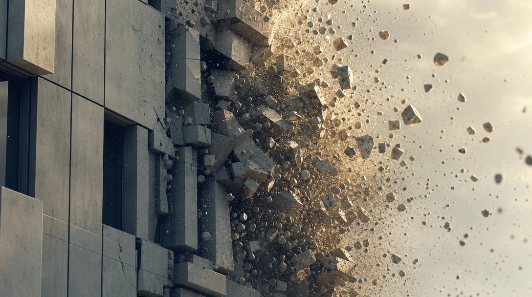Close-up of building facade breaking apart, geometric precision, particles flowing outward, cinematic motion.