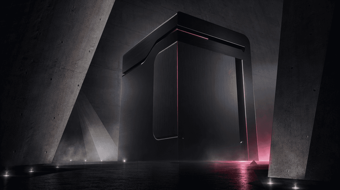 Abstract visualization of monumental scale: a precision-machined black metal electronics form emerging between immense c