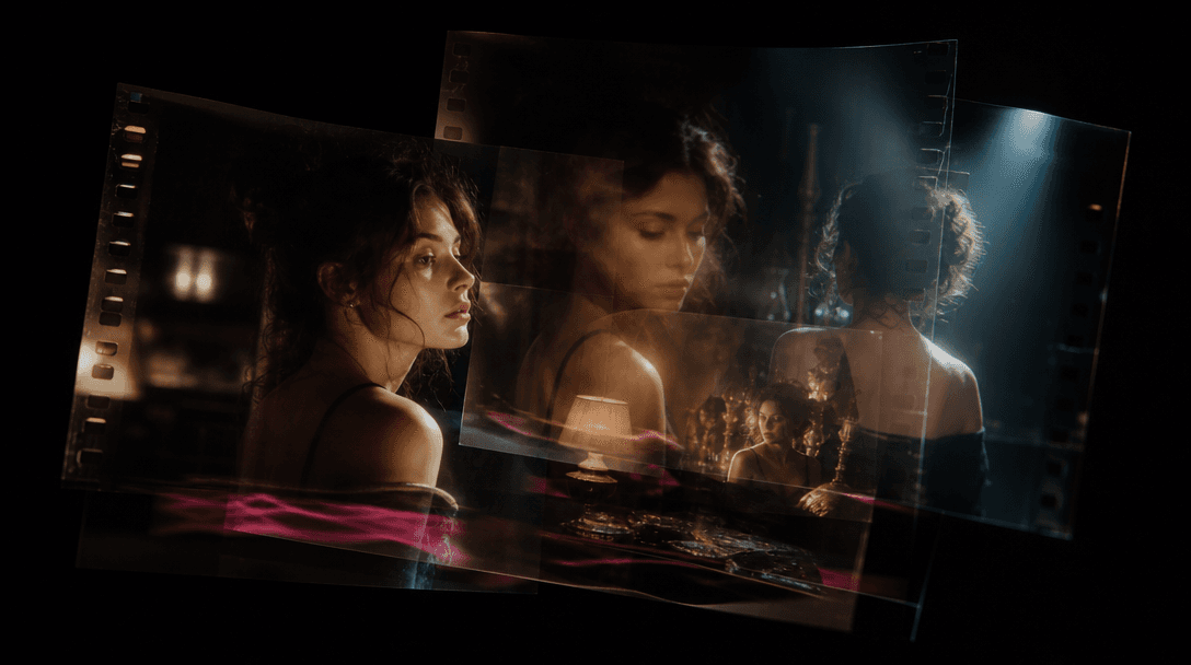 Multiple photographic interpretations of one memory represented by layered translucent film frames, warm tungsten light,