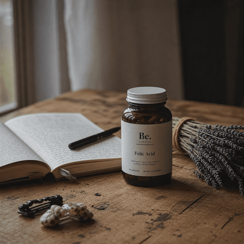 Vitamin bottle on a weathered wooden desk alongside an open journal and a small bundle of dried lavender, muted earth to