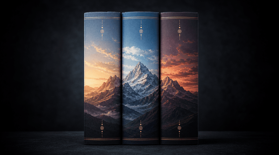 Series identity editorial shot: three hardcover books stood upright side by side, their spines forming a continuous pano