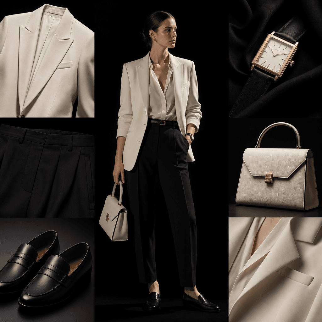 A refined minimalist outfit receipt composition with an ivory blazer, dark tailored trousers, leather loafers, watch, an